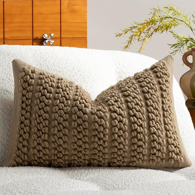 DEZENE Wool Boucle Lumbar Pillow Cover Premium Chic Accents Rectangular Textured Decorative Throw Pillow Case for Living Room Couch Sofa Home Decor 12"x20" Taupe