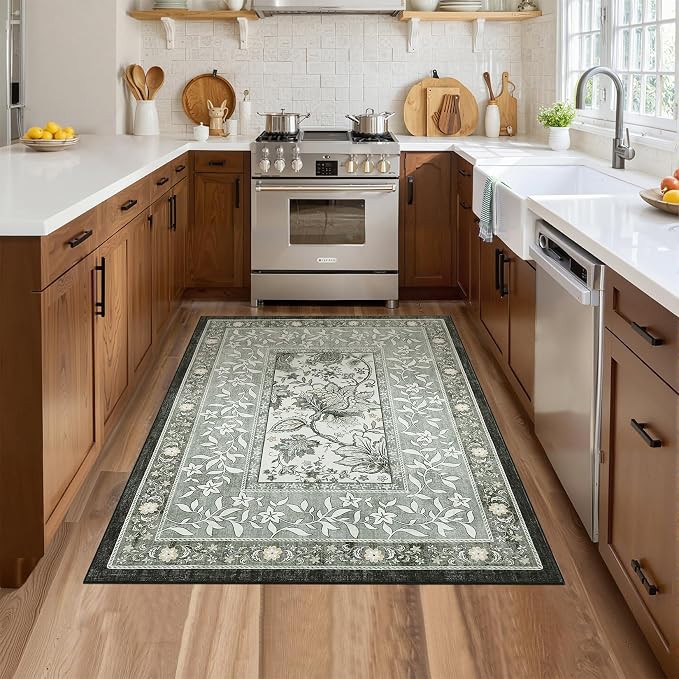 GarveeHome Provence Fog 3x5 Rug Washable Non-Slip Low-Pile Indoor Rugs for Entryway Botanical Grove Vintage Boho Cottage Throw Carpet for Kitchen Bedroom Living Room Bathroom Mat