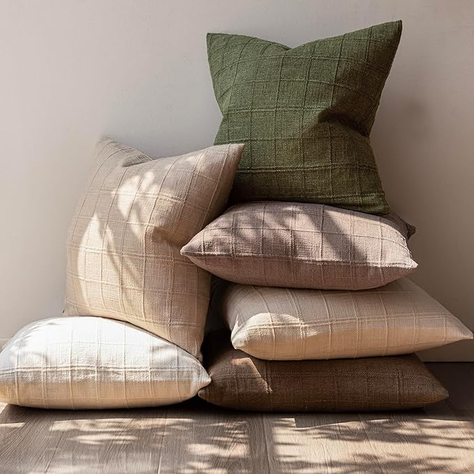 Foindtower Set of 2 Decorative Linen Check Throw Pillow Covers Neutral Farmhouse Vintage Cushion Covers Modern Boho Home Decor for Sofa Chair Couch Bedroom Living Room,22×22 Inch,Olive Green