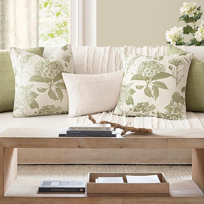 Foindtower Set of 2 Linen Floral Throw Pillow Covers Vintage Accent Print Decorative Cozy Cushion Covers Farmhouse Boho Home Decor for Sofa Chair Couch Bedroom Living Room,18×18 Inch,Light Green