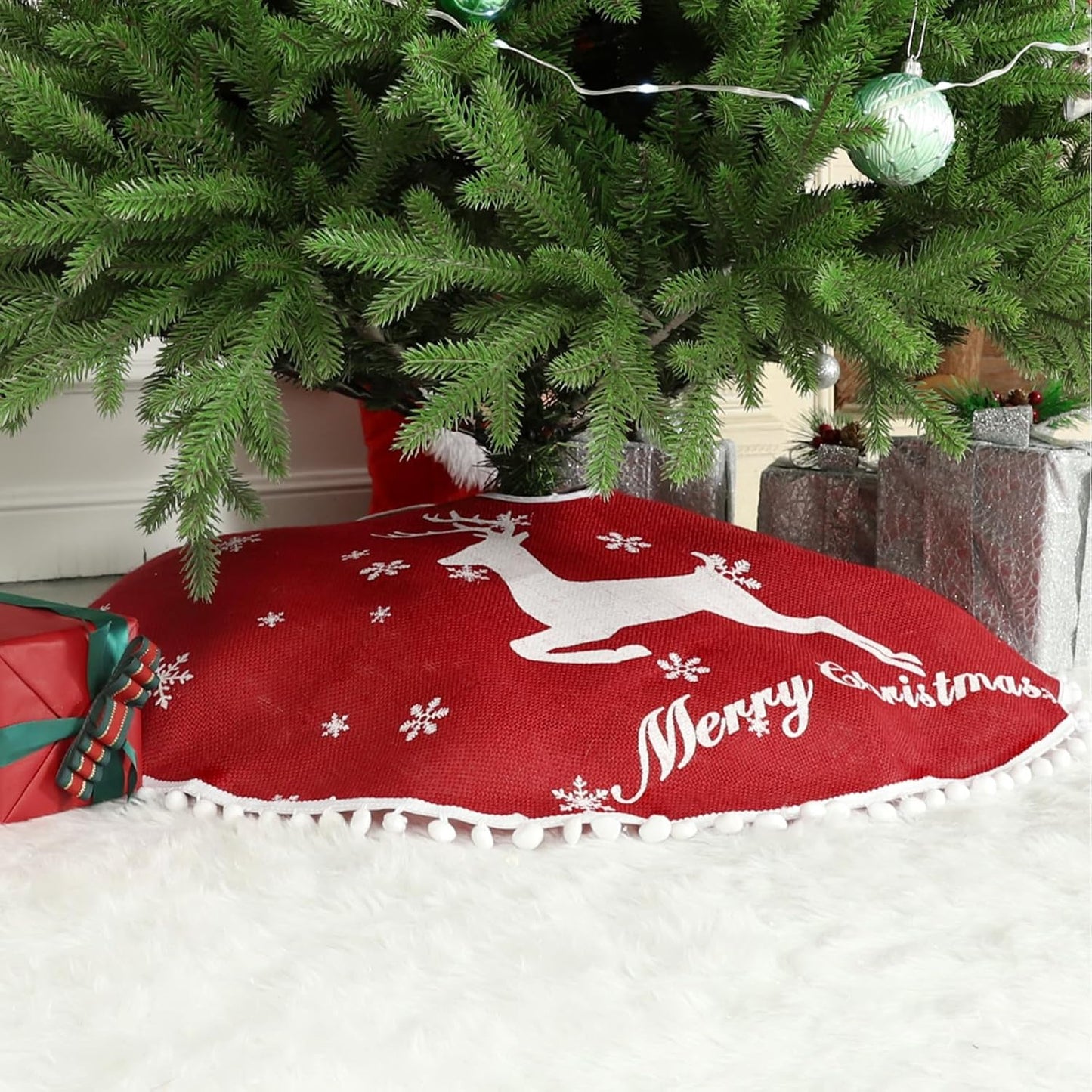 36 Inch Christmas Tree Skirt, Burlap Red Christmas Rustic Tree Skirt with Elk Deer and White Snowflake Printed for Holiday Party Xmas Tree Decoration