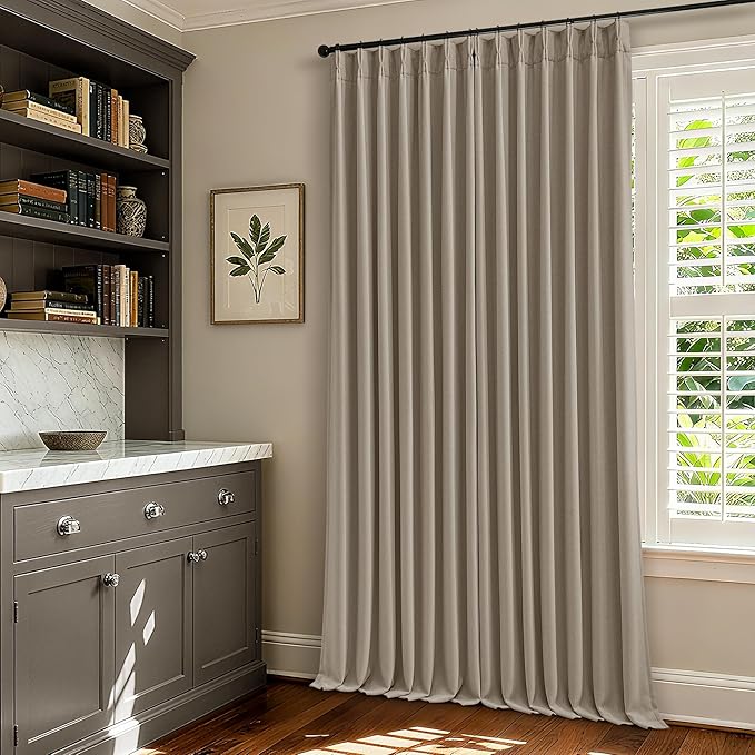 TWODRAPES Dark Flax Pleated Blackout Burlap 126 Inch Long Curtains Neutral Pinch Pleated Light Taupe Linen Double Layer 100% Black Out Curtains Soundproof Cottagecore 126 Inch Window Drapes 2 Panels