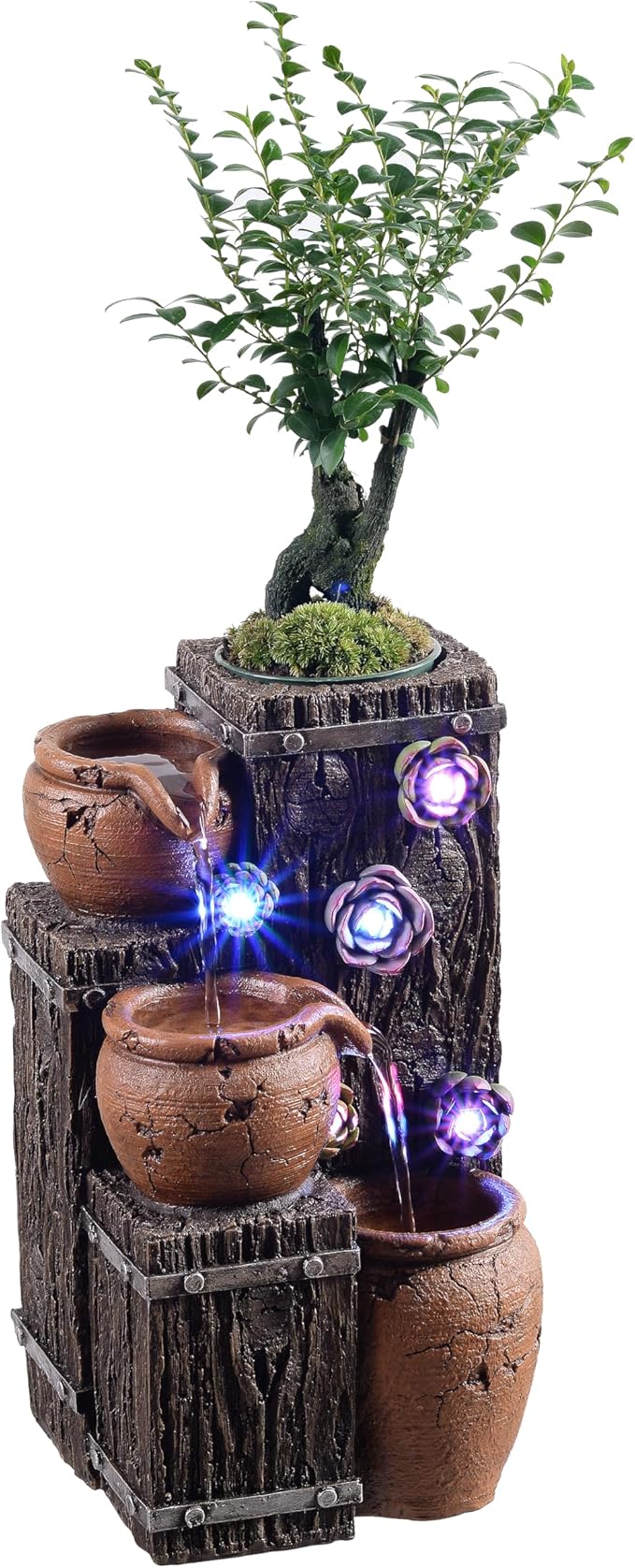 MAOCHI Tabletop Water Fountain, Woodgrain Succulent Growing Fountain with 5 LED Color Changing Lights, Meditation Desk Water Decorative Home Decor, Office Decor or House Warming Gifts new Home