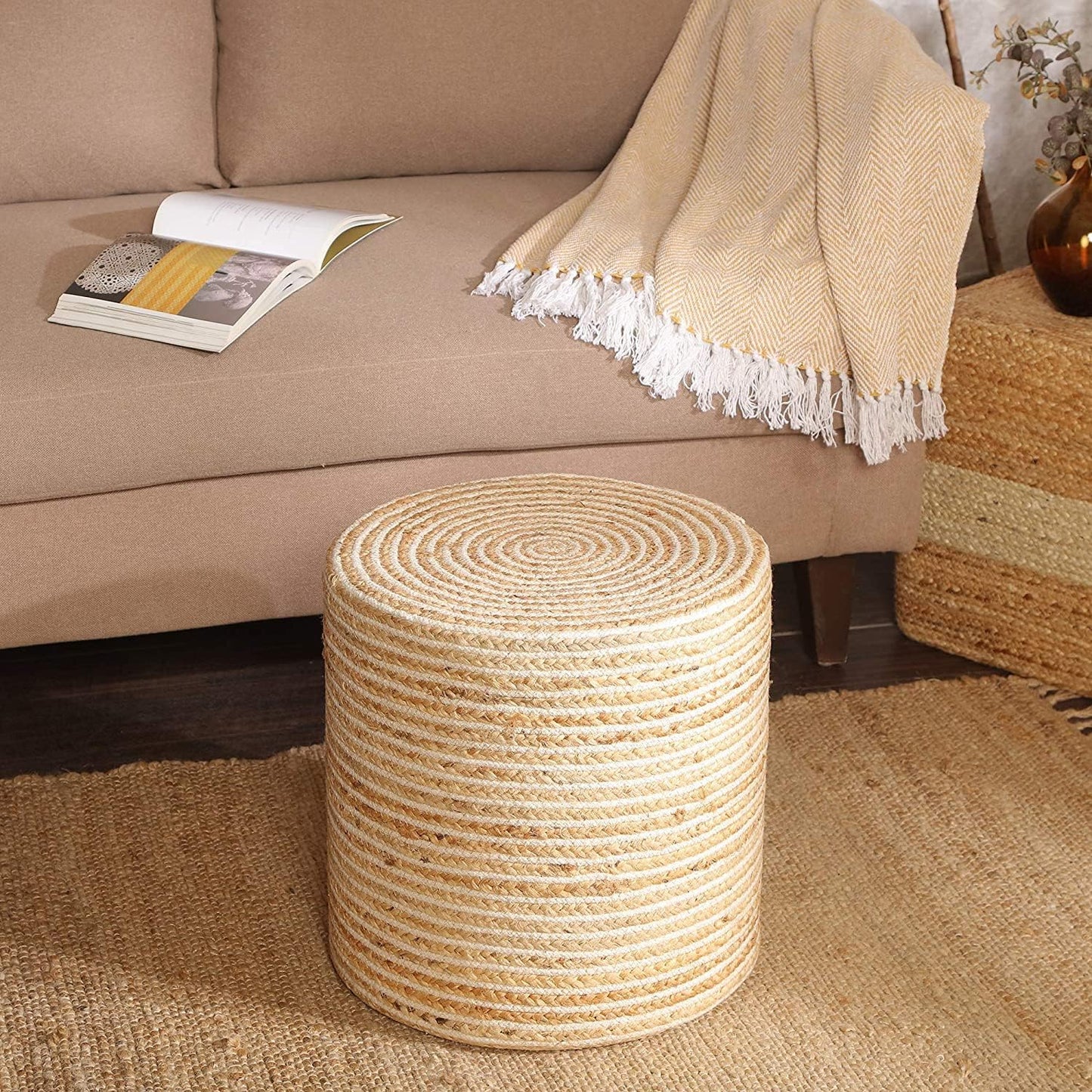 REDEARTH · Cylindrical Pouf Foot Stool Ottoman - Jute Braided Pouffe Poof Sitting Footrest for The Living Room, Bedroom, Nursery, Patio, Lounge & Other Rooms in Home (14.5”x14.5”x16”; Natural Ivory)