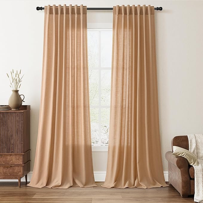 Nanspring Camel Linen Curtains Extra Long 120 Inches Long for Living Room 2 Panel Set Back Tab Light Filtering Boho Farmhouse Semi Sheer Curtain Drapes for Dining Room Large Window 10 FT Tall