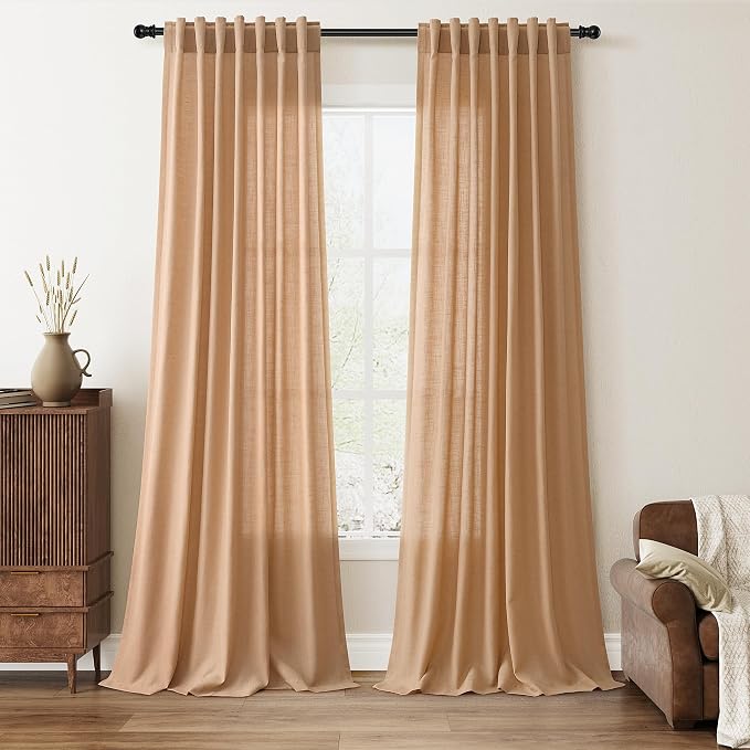 Nanspring Extra Long Linen Curtains 108 Inch Length for Living Room 2 Panels Set Floor to Ceiling Back Tab Neutral Privacy Drapes Semi Sheer Light Filtering for Bedroom Boho Camel W50 x L108