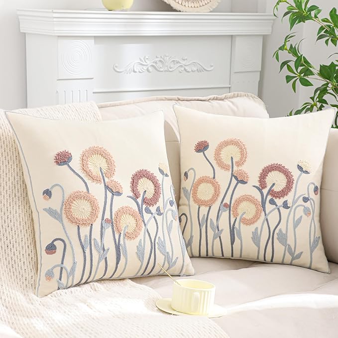 Embroidery Throw Pillow Covers 18x18 Set of 2 Vintage Blowball with Blue Leaves Farmhouse Pillow Cushion Case Decorative Pillowcases Square Rustic Floral Pillow Case Spring Summer Home Decor