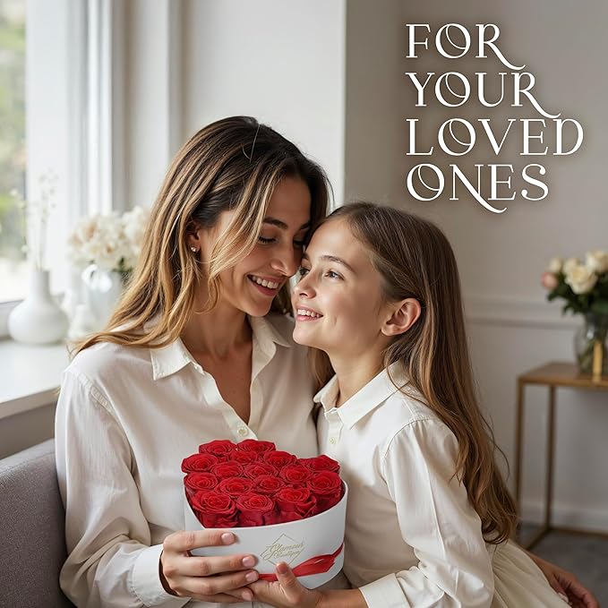 GLAMOUR BOUTIQUE Preserved Roses in a Box - Gifts for Her, Wife & Mom, Rose Flowers Forever Decor for Birthday Gift, Get Well Flower Bouquet Cased in White Box with Cover - Red - 16 (Color-Treated)