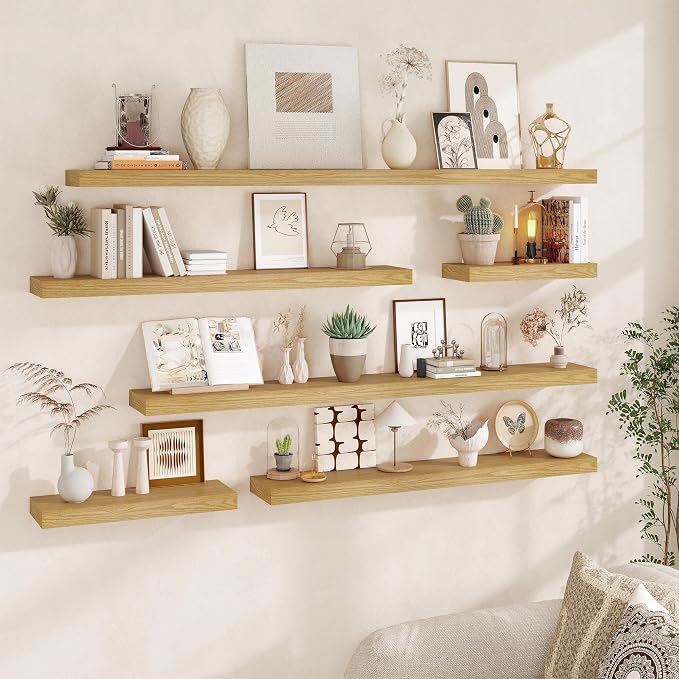 Fun Memories Floating Shelves for Wall, 32Inch Floating Shelves Set of 2, Hanging Shelf with Invisible Brackets, Wood Shelves for Living Room, Bedroom, Kitchen, Oak