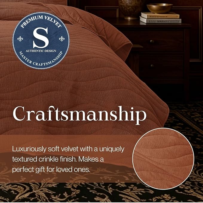 DOWN HOME Crinkle Textured Velvet Quilt Set with Shams, All-Season Luxury Modern Bedding,Easy Care Comforter,Ultra-Soft,Lightweight & Breathable, Queen, Rosewood Brown