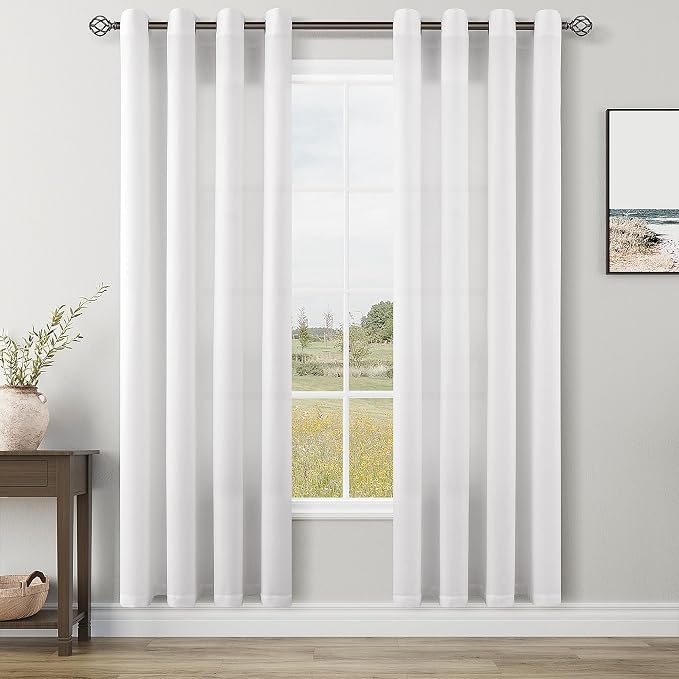 White Linen Curtains 80 Inches Long for Living Room Bedroom 2 Panels Set Grommet Top Sunlight Filtering Semi Sheer Curtain Modern Farmhouse Privacy Soft Cozy Drapes for Dining Room Windows 52x80
