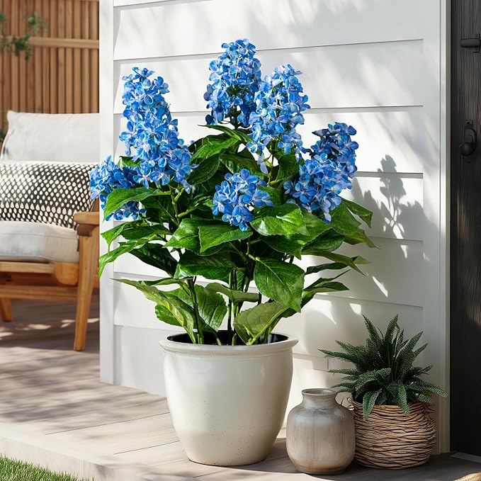 2 Pack Large UV Resistant Artificial Hydrangea Plants Fake Plastic plantas Flowers Trees Indoor Outdoor Realistic Floor Plants Faux Tree for Home Porch Garden Office Porch Patio Front Bonsai Decor
