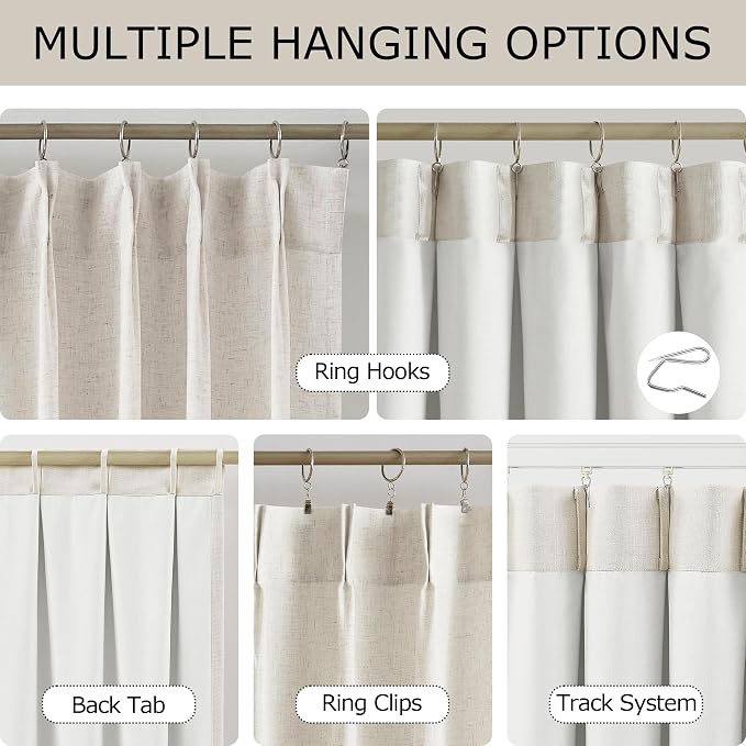 Vision Home Natural Pinch Pleated Light Filtering Curtains with Microfiber Liner 112 inch Linen Blended Textured Privacy Drapes for Living Room Bedroom Back Tabs with Hooks 2 Panels 40" Wx112 L