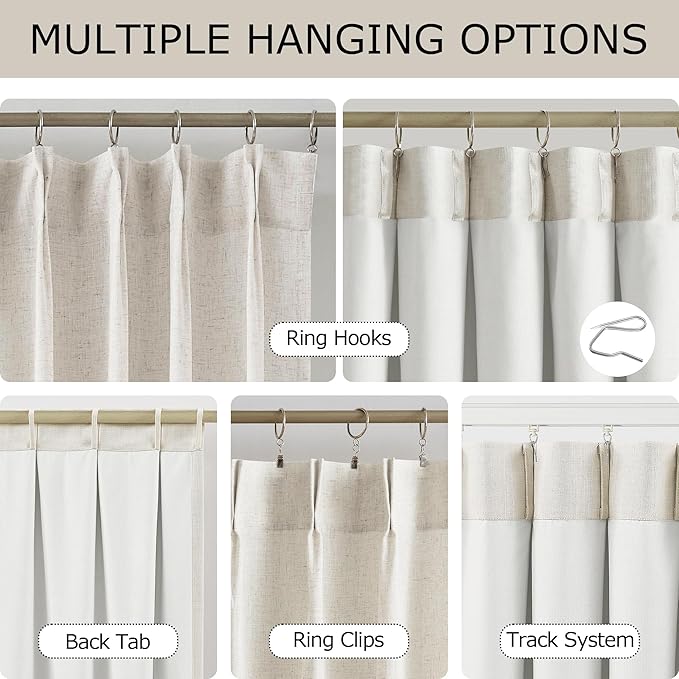 Vision Home Natural Pinch Pleated Light Filtering Curtains with Microfiber Liner 102 inch Linen Blended Textured Pleat Window Drapes for Living Room Bedroom Back Tabs with Hooks 2 Panels 40" Wx102 L
