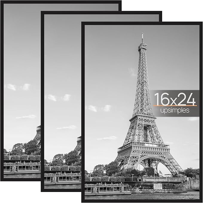 upsimples 16x24 Picture Frame Black 3 Pack, Scratch-Proof Poster Frames 16 x 24 for Photo Gallery - Slide-In Strips, Horizontal or Vertical Wall Mounting
