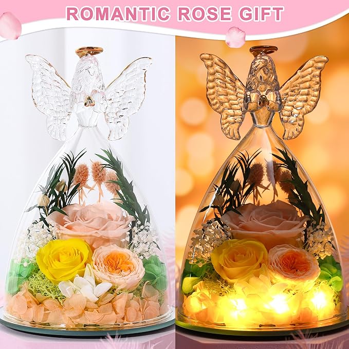 Mothers Day Rose Gifts for Women Preserved Real Flower in Glass Angel Figurines Roses for Delivery Prime Birthday Gifts for Mom Grandma Girlfriend Wife Her, Champagne Austin Roses