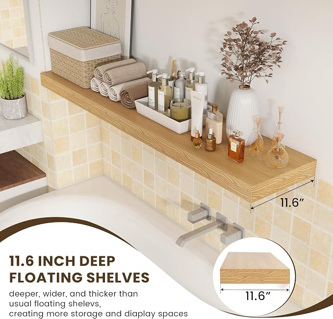 FLYJOE Deep Floating Shelves, 55 Inch Oak Shelves Set of 1 | 12 Inch Deep Shelves for Wall, 55'' x 12'' Rustic Wood Shelves for Bathroom Living Room Laundry Room Kitchen