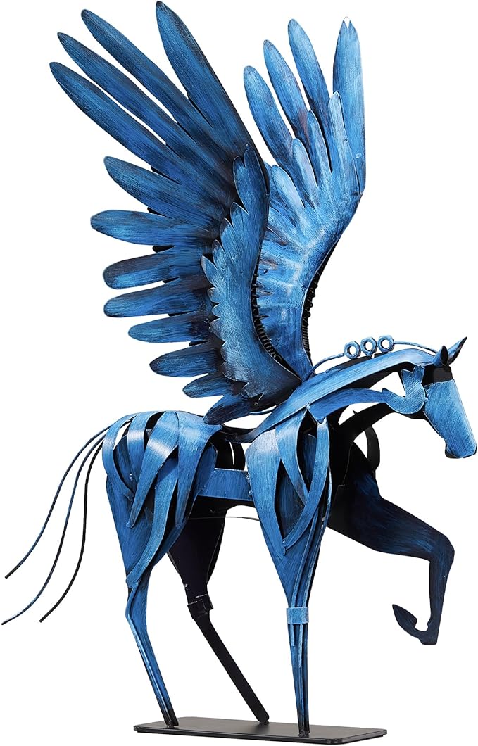 SunBlogs Art Horse Statue Décor Artwork, 24" H Handmade Metal Pegasus Greek Flying Horse Sculpture, Hand-Painted Animal Figurines for Home Living Room Office (Vintage Blue with Wings)