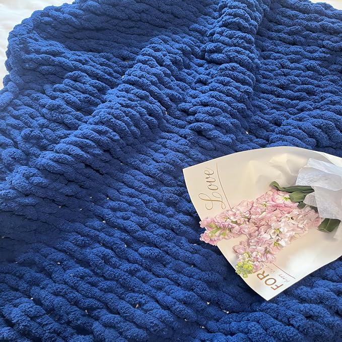Soft Chunky Knit Throw Blanket for Couch, Cozy Warm Knitted Blankets | Hand Knit with Jumbo Chenille, Lightweight Warm Fluffy Decor for Women, Mom, Her & Girls, Sofa, Chair, Bed,40"×60"(Navy Blue)