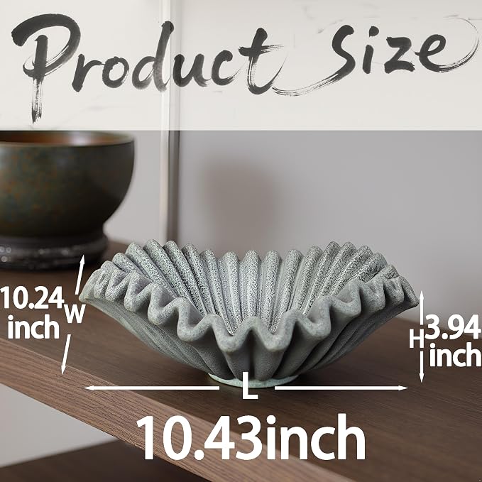 Large Decorative Handmade Bowl Decor , Modern Home Decoration, Fan Shaped Bowl, Ruffle Decor, Stylish Key Bowl for Entry Table, Decorative Fruit Bowl for Kitchen Counter, Artificial Stone Marble Color
