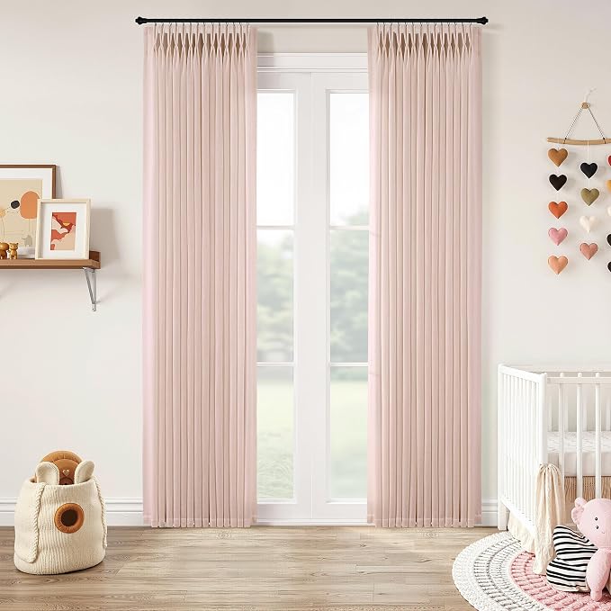 Light Pink Linen Curtains Pinch Pleated 84 Inch Length 2 Panels for Nursery Baby Girls Bedroom Semi Sheer Light Filtering Pleated Linen Curtains for Living Room Bedroom Dusty Blush Pink