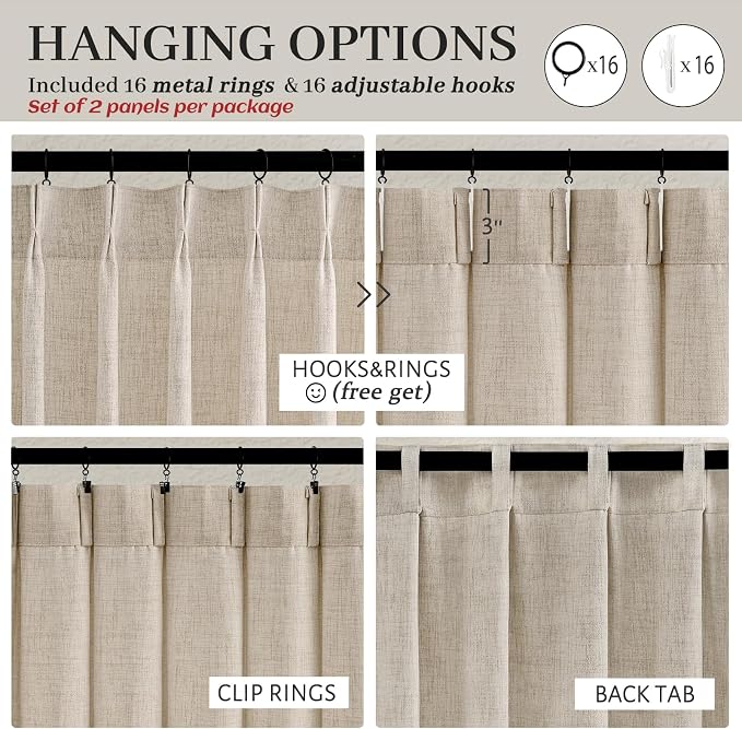 Pleated Natural Linen Kitchen Small Window 45 Inch Curtains Over Sink, Petty Light Filtering Pinch Pleat Cream Beige Sheer Mini Curtain 45 Inch Length 2 Panels Set for Cafe Laundry Room Back Tab Burg