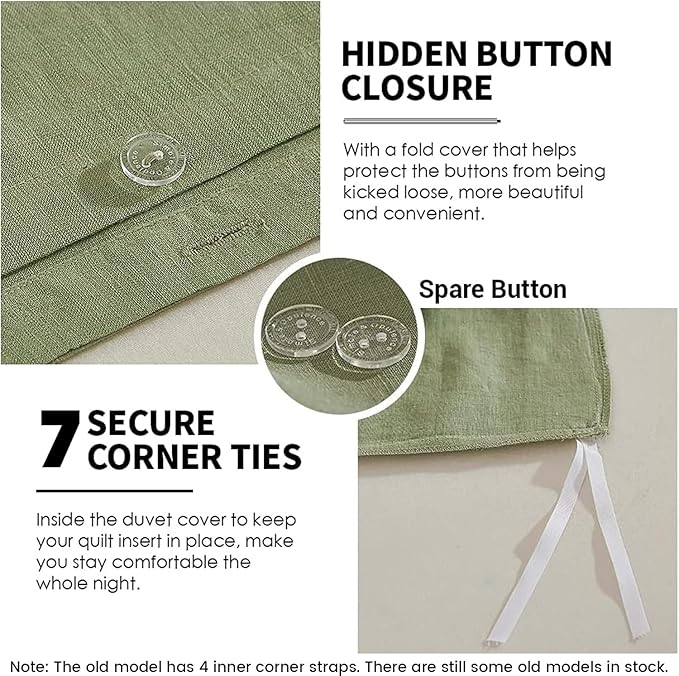 Simple&Opulence 100% Linen Duvet Cover Set 3pcs Basic Style Natural French Washed Flax Solid Color Soft Breathable Farmhouse Bedding with Button Closure - Sage Green, Queen