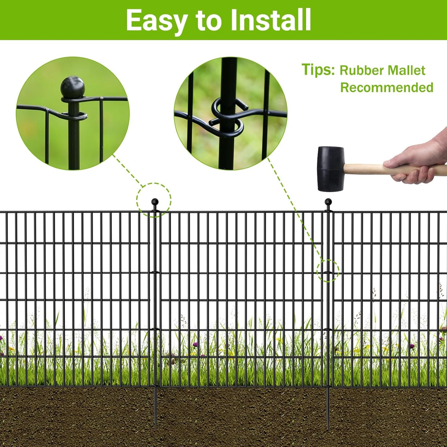 10 Panels No Dig Decorative Outdoor Garden Fence with Gate for Yard, 24 in(H) X 20 ft(L) Animal Barrier Fencing Rustproof Metal Wire Panel Border for Dog, Rabbits, and Patio Temporary Ground Stakes