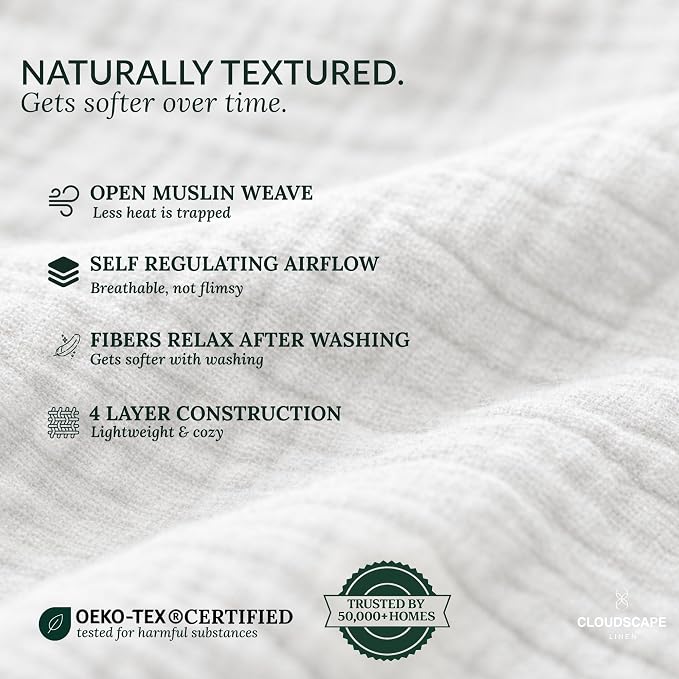 CLOUDSCAPE 4 Layer Muslin Blanket for Adults - 100% Cotton Throw Blanket - 50"x70" Oversized Gauze Throw for Sofa, Couch - Soft Lightweight Breathable Muslin Cotton Throws for Summer - White