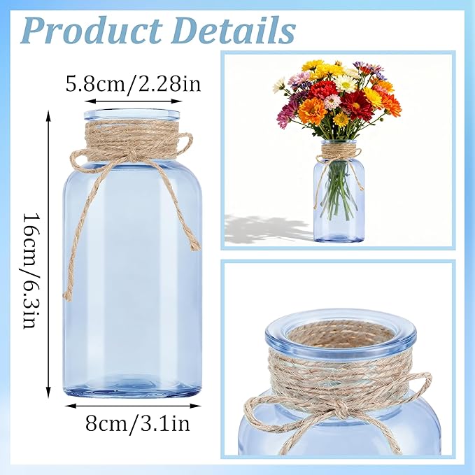 Vintage Glass Flower Vase, Farmhouse Glass Centerpiece Vases Mason Jars for Weddings, Parties & Home Decor Bulk (3, Blue)