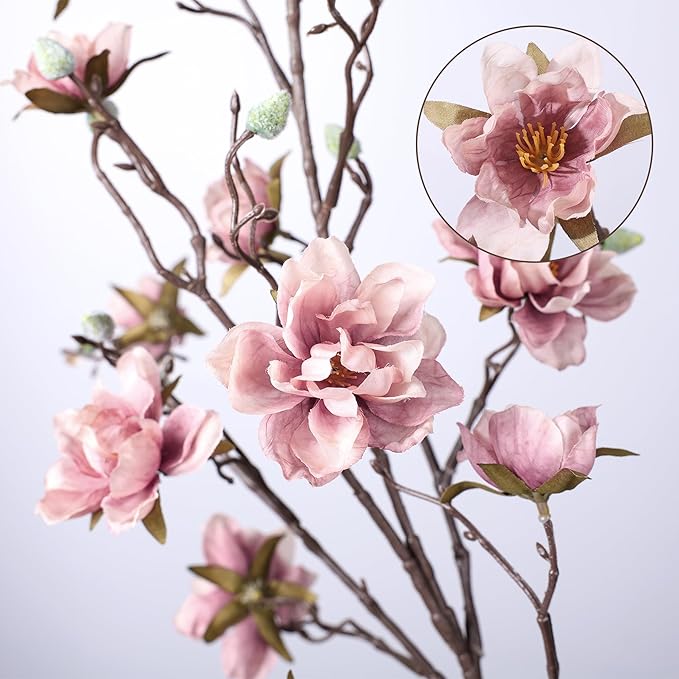 HyeFlora 3PCS Artificial Magnolia Flowers Stems for Spring Decoration, Faux Pink Magnolia Branches with Buds, 34.5" Long Stems Floral Arrangement for Vase Pot Table Centerpiece Indoor Decor