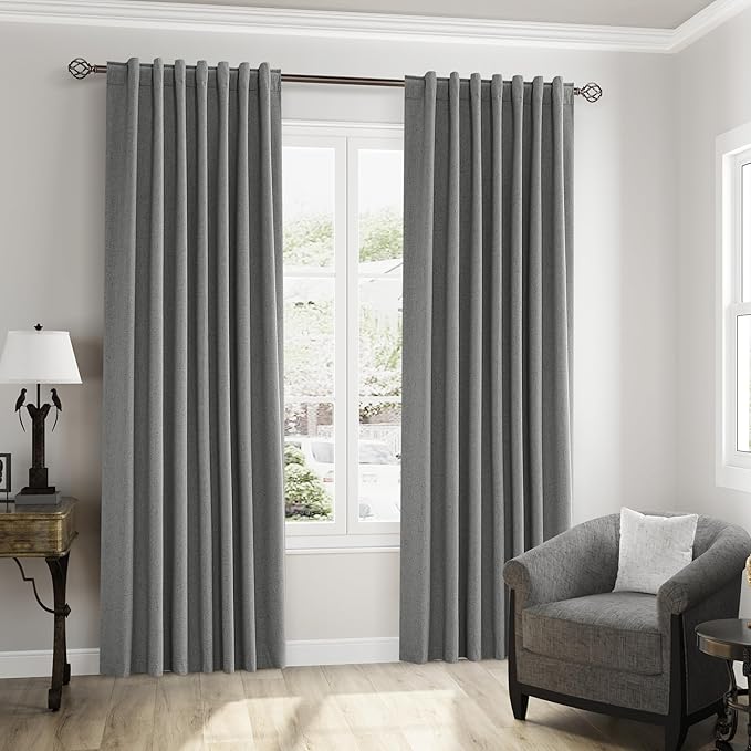 Guken 100% Blackout Linen Curtains 100 Inch Length 2 Panels Set for Living Room Bedroom Back Tab Thermal Insulated Black Out Linen Drapes Room Darkening Window Curtains,Dark Grey