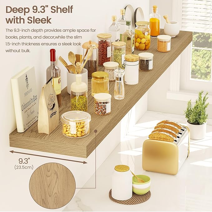 Vivelove 48 Inch Floating Shelves for Wall, 48x9 Display Shelves for Bathroom Living Room Kitchen Bedroom Office Farmhouse Home Decor - Set of 2, Oak