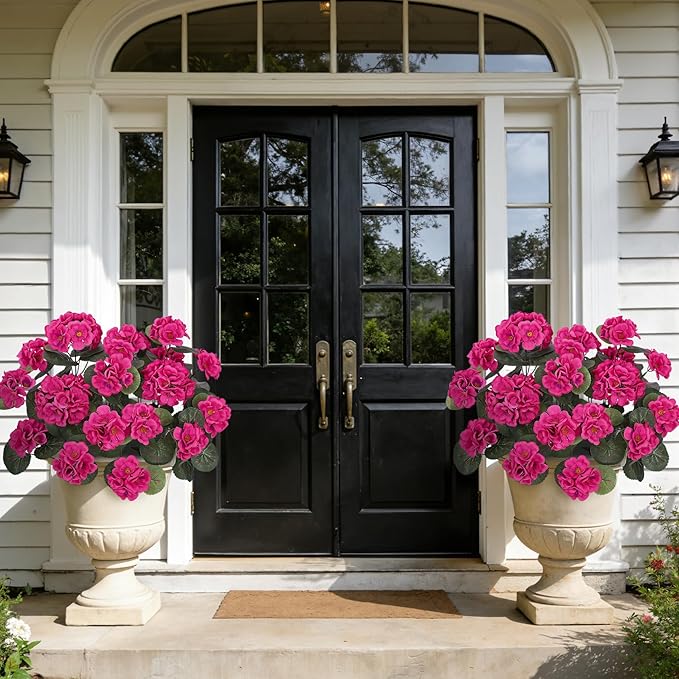 Ouddy Decor Artificial Geranium Flowers for Outdoors, Fake Silk Flowers UV Resistant Faux Geraniums for Vase Planter Garden Patio Balcony Porch Indoor Outdoor Spring Summer Home Decor, 24 Pcs Rose Red