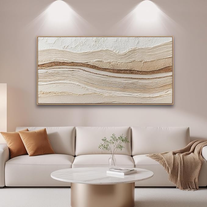 Sorbrozo 3D Abstract Textured Wall Art 20x40 Inch Framed Neutral Beige and Gold Wavy Landscape Canvas Print Modern Decor for Living Room Bedroom & Office