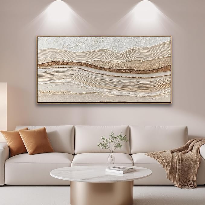 Sorbrozo 3D Abstract Textured Wall Art 24x48 Inch Framed Neutral Beige and Gold Wavy Landscape Canvas Print Modern Decor for Living Room Bedroom & Office