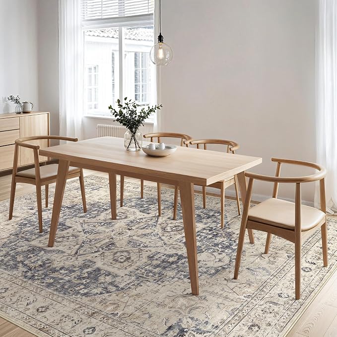 Tortania Area Rug Living Room Rugs - 7x10 Washable Boho Rug Vintage Oriental Distressed Farmhouse Large Thin Indoor Carpet for Living Room Bedroom Under Dining Table Home Office - Cream/Blue