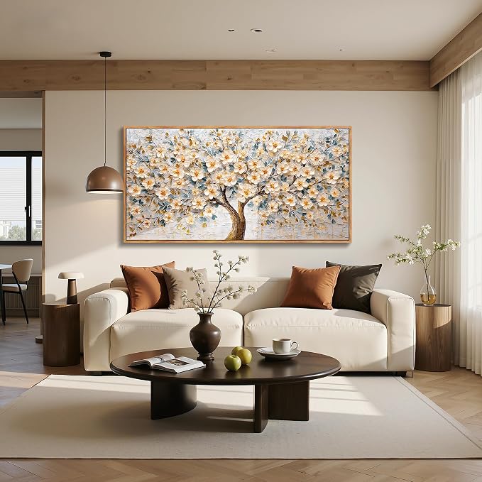 imjiayu Tree of Life Wall Art, Extra Large Wall Art, Abstract Art Wall Decor, Cherry Blossom Tree Framed Art, Neutral Floral Nature Prints, Rustic Paintings for Living Room Dining Room Office 29"x57"