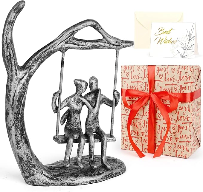 Kresecioo Anniversary Wedding Gifts for Couple/Her - Romantic Couple Statue in Love, Antique Silver Metal Figurine Sweet Loving Together Iron Sculpture Decor, Mothers Day for Wife from Husband