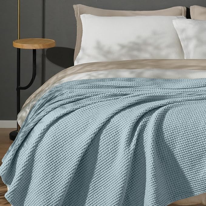 PHF Pre-Washed 100% Cotton Waffle Weave Blanket Queen Size for Bed,Snag Proof Throw Blanket for Couch Spring Summer Lightweight Breathable,Machine Washable, Home Decor Gift - Dusty Blue