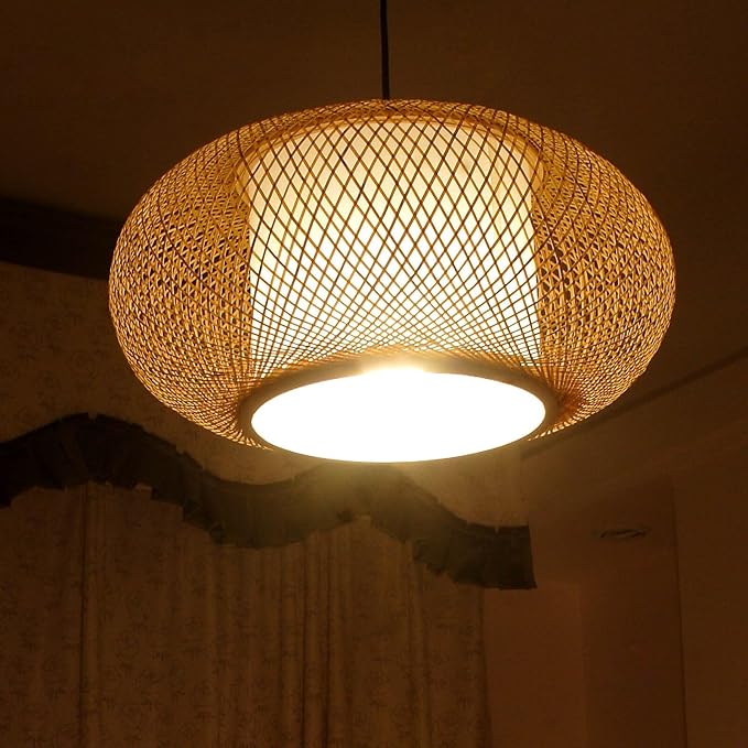 Antique Rattan Lantern Pendant Lighting – 1-Light Natural Bamboo Weave Japanese Hanging Light with Adjustable Cord, Beige Boho Ceiling Fixture for Dining Room, Living Room, Restaurant, Kitchen Island