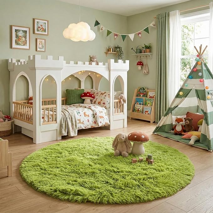 Amdrebio Grass Green Round Area Rug 7Ft for Living Room Bedroom Decor Aesthetic, Large Fluffy Shaggy Fuzzy Circle Rugs for Baby Nursery Kids Playroom, Big Soft Shag Floor Circular Modern Cool Carpet