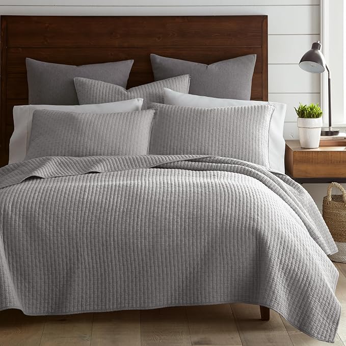 Levtex Home Cross Stitch Reversible Full/Queen Quilt Set (88x92in) and 2 Pillow Shams (26x20in) - Stitch Texture - Light Grey - Cotton Full/Queen Size Quilt Bedding Set - Lightweight, Soft, Pre-Washed