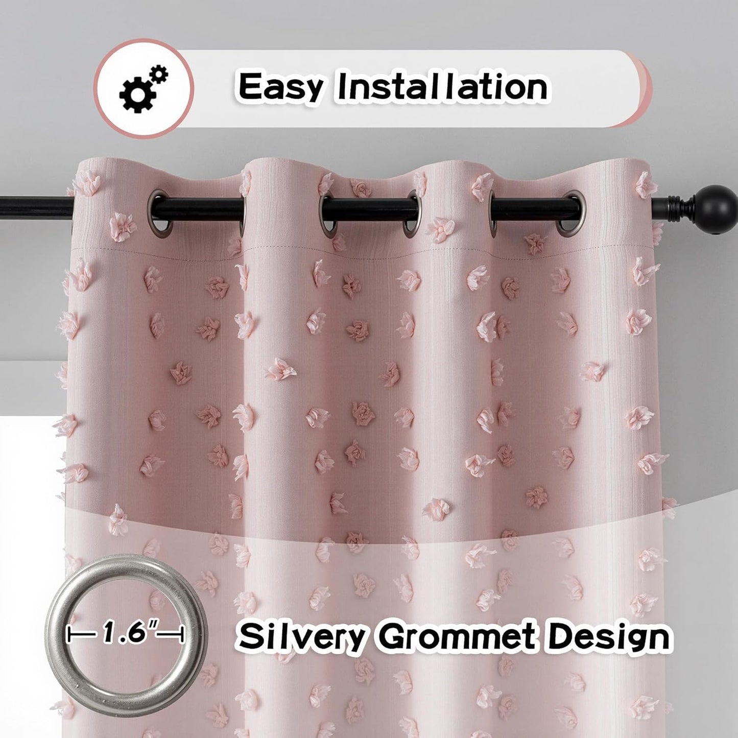 MYSKY HOME Blush Pink Pom Pom Blackout Curtains for Girls Bedroom 63 Inch Long 100% Room Darkening Curtain for Kids Room 2 Panels Small Window Treatment Grommet 2 Layered Drapes Toddler 52W x 63L