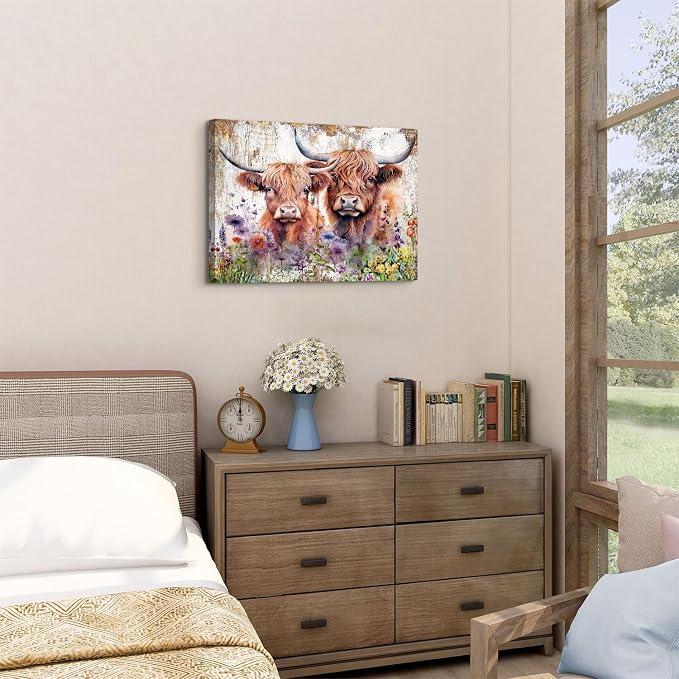 Rustic Cow Pictures Wall Decor Bathroom Farmhouse Highland Cow Wall Art Living Room Vintage Wildflower Cattle Poster Bedroom Farm Animal Canvas Prints Modern Artwork Kitchen Over Bed Decoration 16x24”