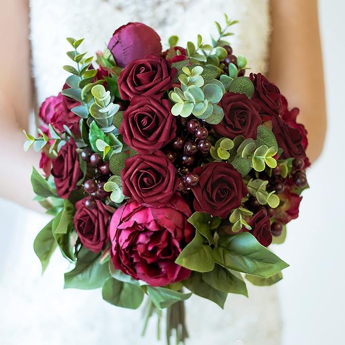 Mocoosy 50Pcs Burgundy Roses Artificial Flowers, Burgundy Fake Rose for Decoration, Real Touch Foam Rose Bulk with Stem DIY Wedding Bouquet Bridal Shower Mother's Day Floral Arrangement Party Decor