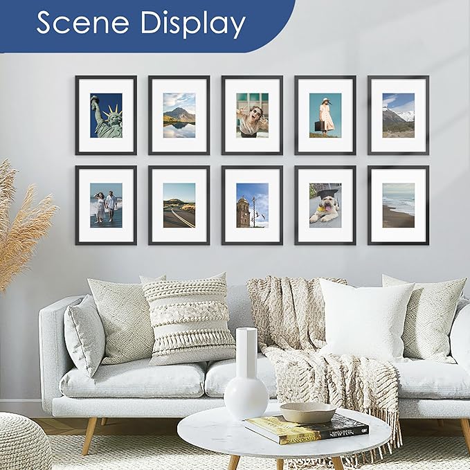 PEALSN 9x12 Picture Frame Set of 6, Display Pictures 6x8 with Mat or 9x12 without Mat for Wall Mounting or Table Top Display, Photo Frames Collage for Wall Decor, Black