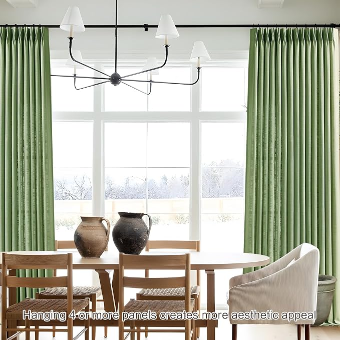 Sage Green Pinch Pleated Linen Curtains 96 Inches Long for Living Room, Light Filtering Pleat Drapes Textured Thick Ceiling Semi-Sheer Window Curtain with Hooks for Farmhouse Bedroom Balcony, 2 Panels