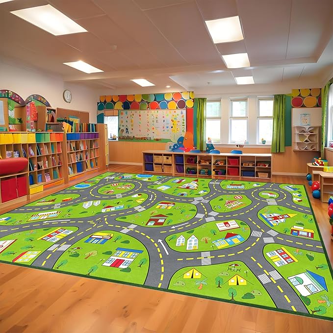 Car Rugs for Bedroom 8x10 Feet, City Life Car Road Rug Educational Learning Green Traffic Kids Room Rug Decorate Nursery Toddler Classroom Preschool Living Room Playroom