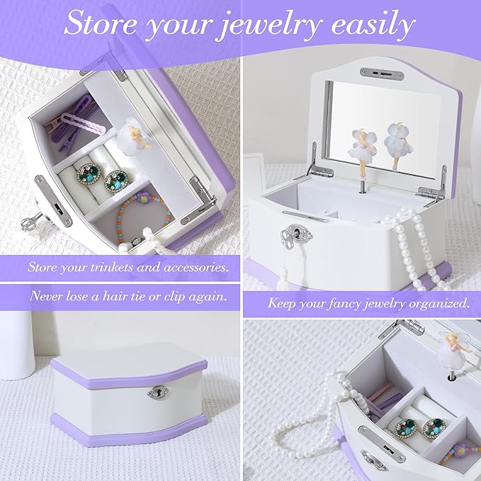 Musical Jewelry Box-Medium Ballerina Musical Chest with Mirror for Girls,Jewelry Storage,Swan Lake Tune, Gift for Christmas,Birthday,New Year and All Holidays- (white/purple)